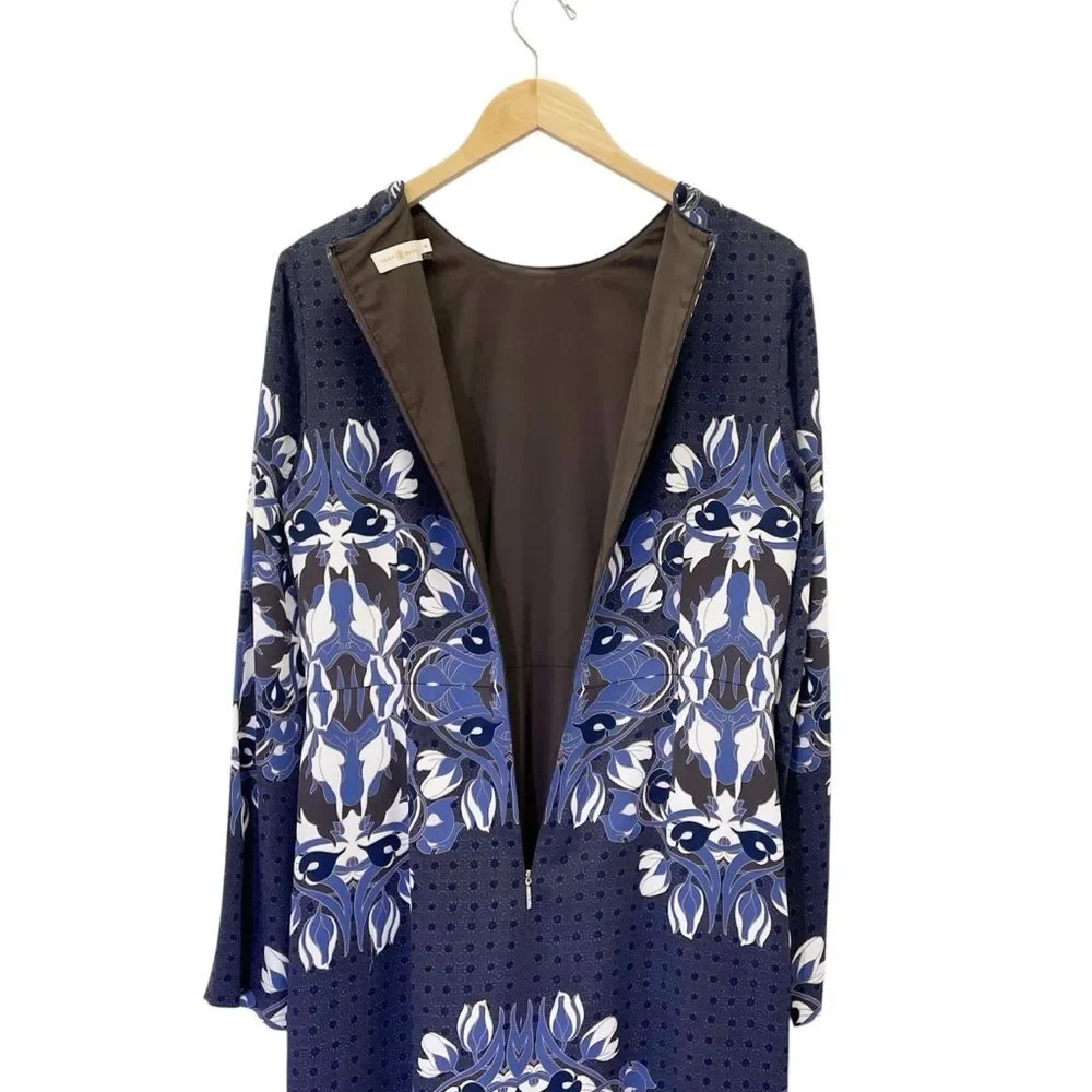 Tory Burch Blue Floral Medallion Sheath Dress Size 10 Jersey Long Sleeve Stretch